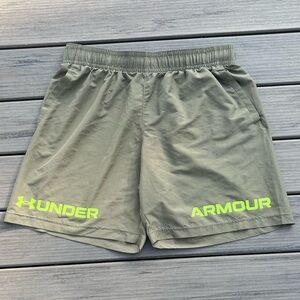 Under Armour; Khaki/Olive Green w/ Neon Green; Athletic Shorts; Minor Wear; XL